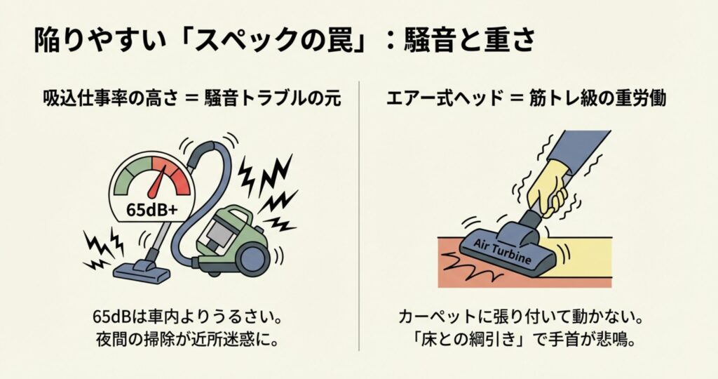 上段は65dB以上の騒音を示すメーター、下段はカーペットに張り付いて重い「Air Turbine」ヘッドを描いたイラスト。騒音と操作性の悪さという2つのデメリットを解説。