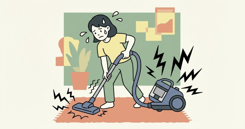 大きな運転音と手元に伝わる激しい振動に耐えながら、辛そうな表情で掃除機をかけている女性のイラスト。掃除のストレスを表現