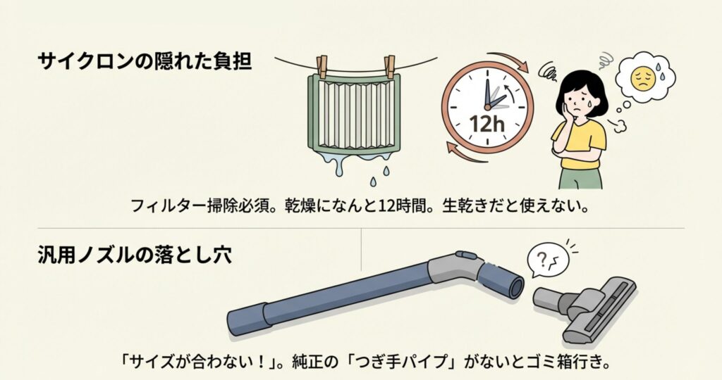 上段は水洗い後に乾燥まで12時間かかるフィルターと時計、下段はサイズが合わずに接続できない汎用ノズルを描いたイラスト。購入後に気づく運用の落とし穴一覧。