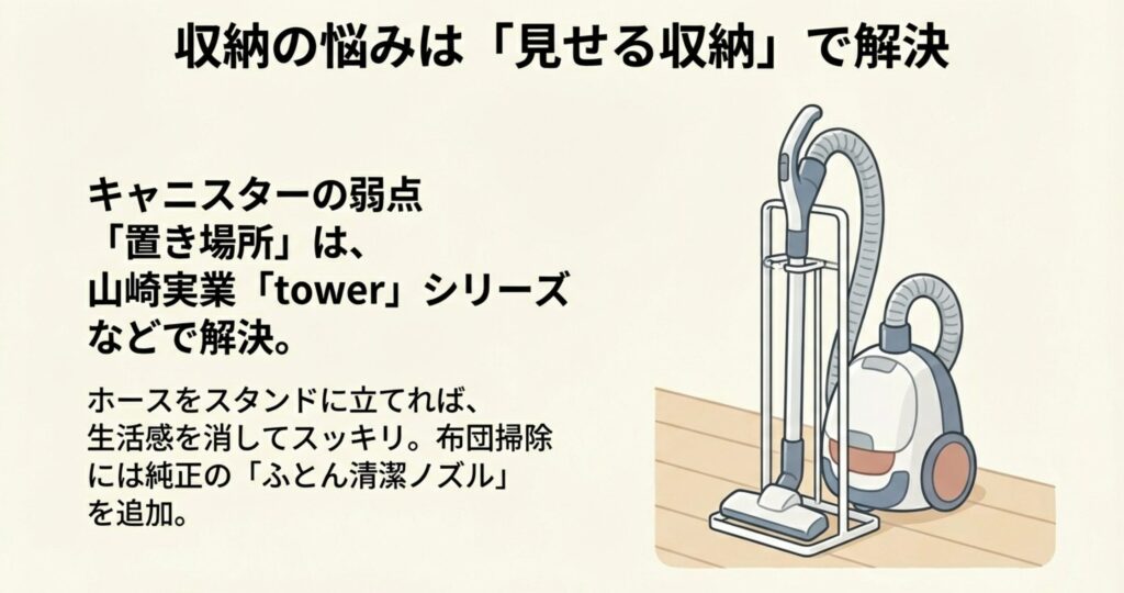 山崎実業（tower）のようなスタンドを使用し、キャニスター掃除機のホースとヘッドを立ててコンパクトに収納しているイラスト。