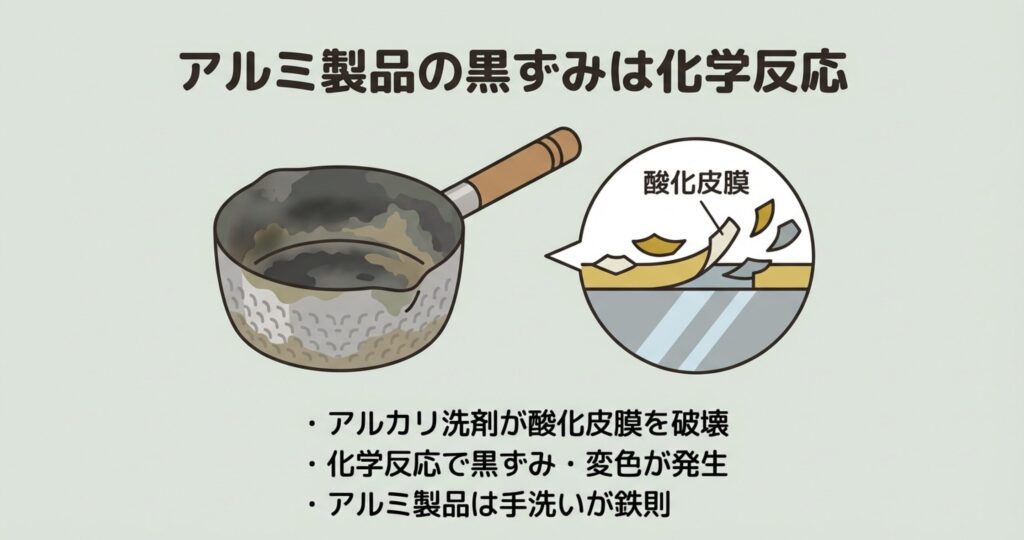 アルカリ洗剤によってアルミの酸化皮膜が破壊され、黒ずみが発生する化学反応の解説図
