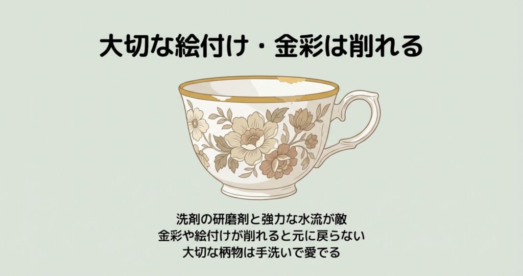 食洗機の強力な水流と研磨剤により、ティーカップの金彩や模様が剥がれてしまう様子のイラスト