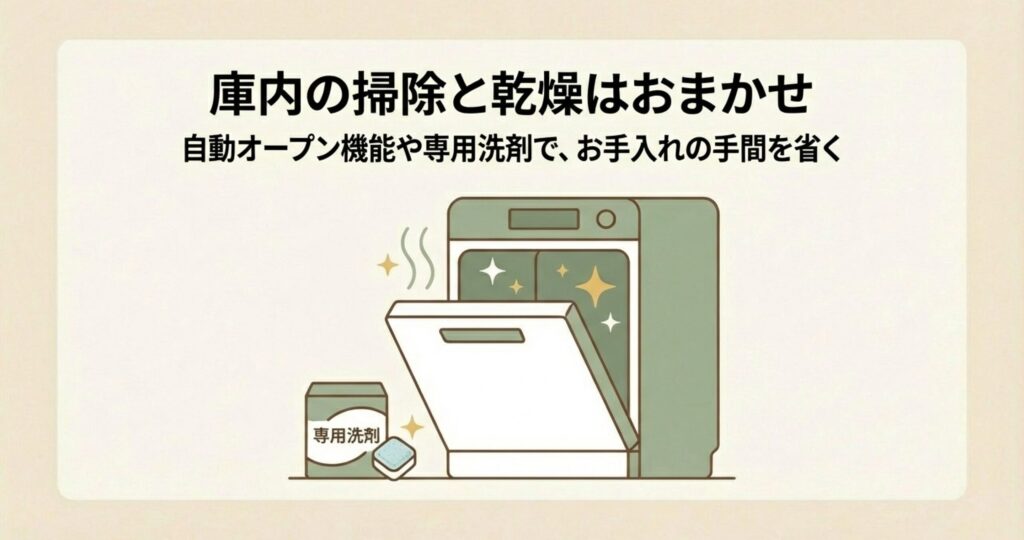 食洗機専用洗剤と、洗浄終了後に自動でドアが開くオートオープン機能のイメージ図。庫内の掃除と乾燥の手間を省く機能の紹介。