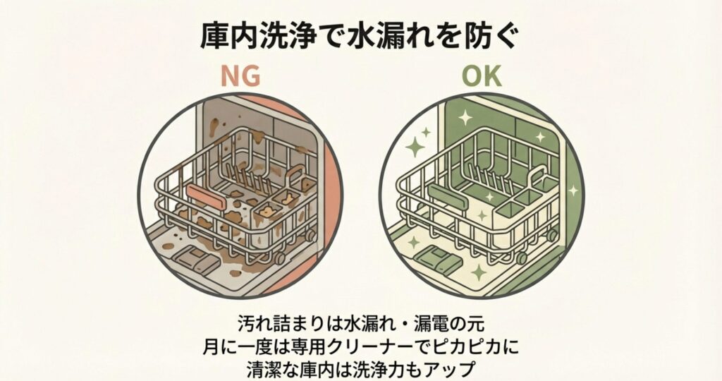 食洗機の庫内に汚れが詰まっているNGな状態と、洗浄されて清潔でピカピカになったOKな状態を比較したイラスト。