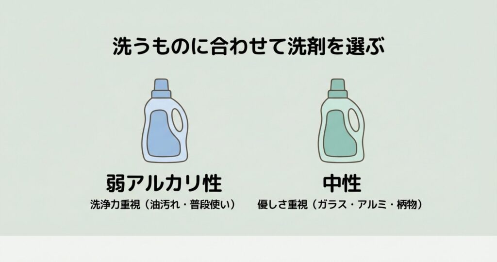 洗浄力重視の弱アルカリ性洗剤と、食器に優しい中性洗剤のボトル比較イラスト
