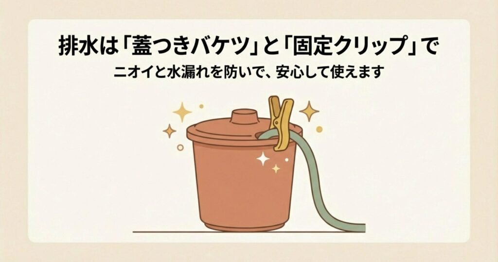 食洗機の排水ホースをクリップで固定した蓋付きバケツのイラスト。ニオイ漏れやホースの飛び出し事故を防ぐための対策。
