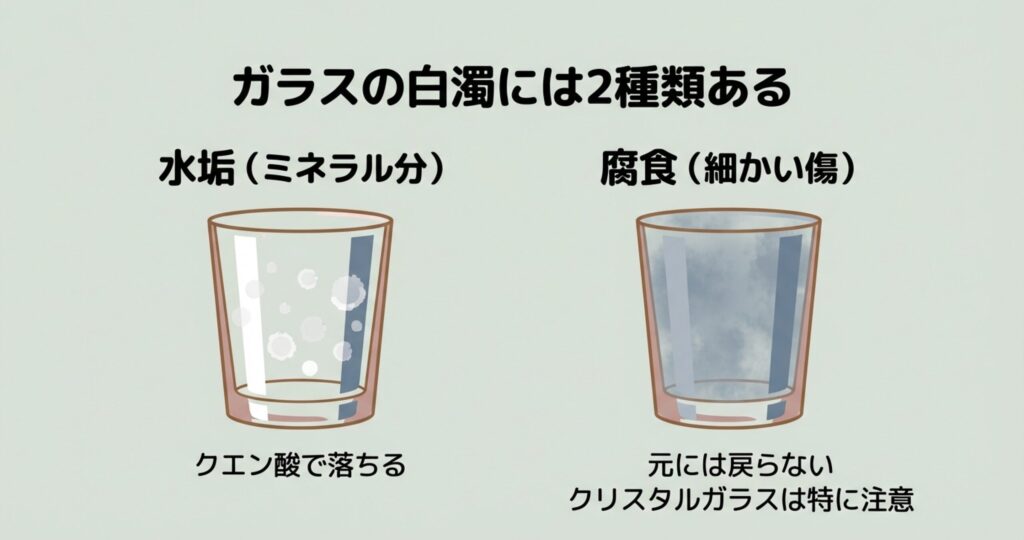 食洗機でグラスが白くなる2つの原因（水垢汚れとガラスの腐食）を比較したイラスト