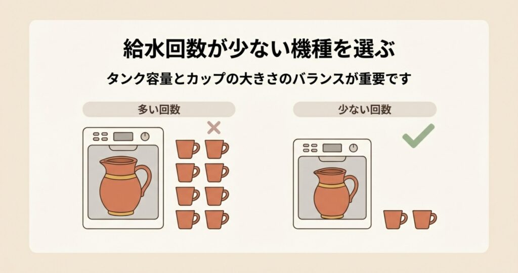 食洗機のタンク容量と給水カップの大きさのバランスを図解。給水回数が少ない機種を選ぶことで手間が減ることを示す比較イラスト。