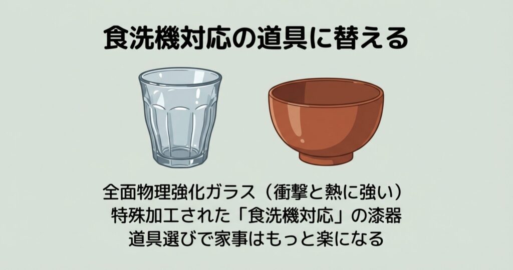 食洗機で洗える丈夫な強化ガラスのコップと、対応加工された漆器のお椀のイラスト
