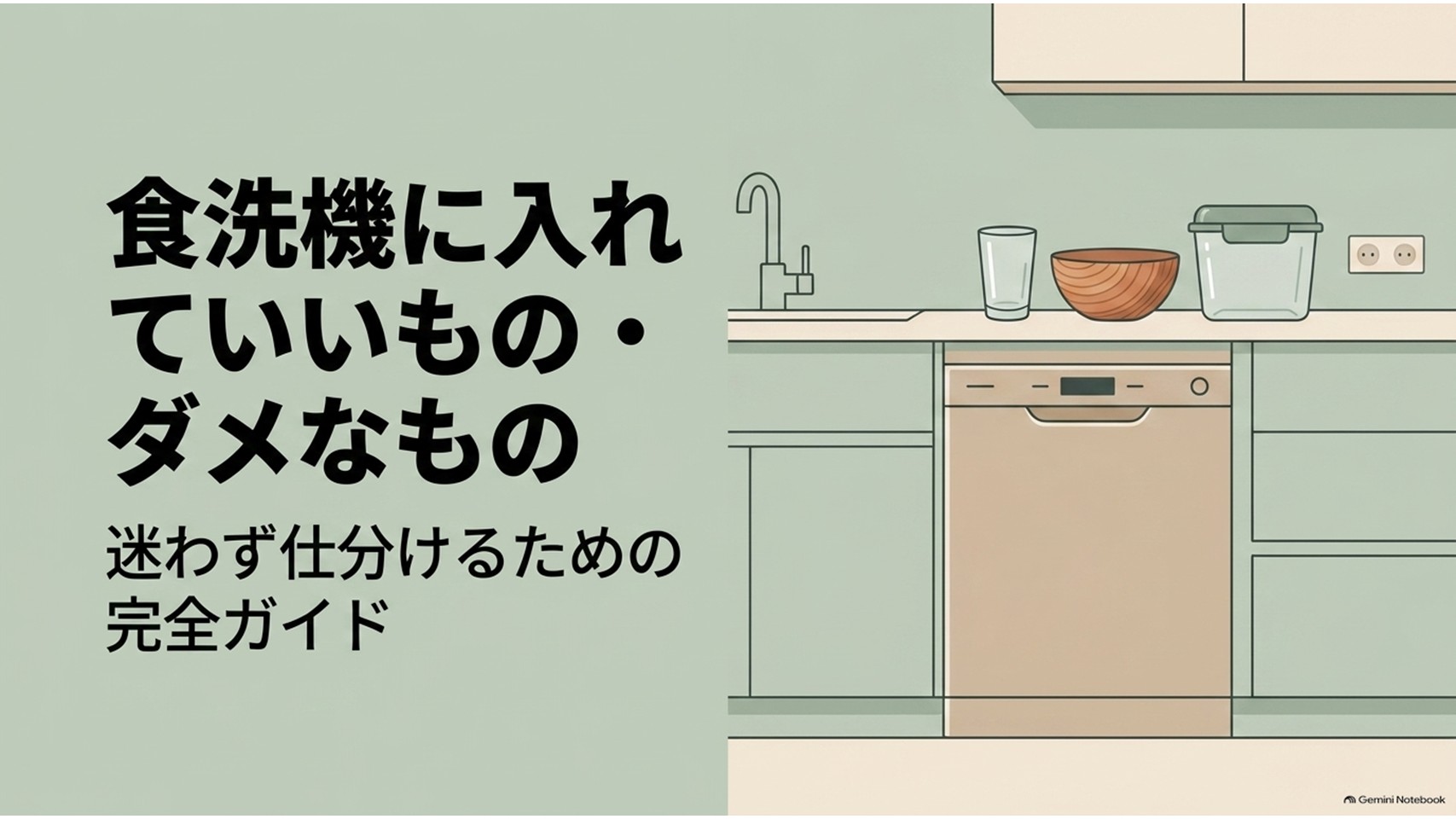 食洗機に入れていい食器とダメな食器を仕分けするためのガイド画像。キッチンの食洗機と、その上にガラス、木製のお椀、保存容器が並び、食洗機対応していない食器を見分ける記事内容を表している。