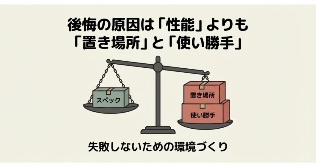 食洗機選びでスペックよりも置き場所と使い勝手が重要であることを示す天秤のイラスト