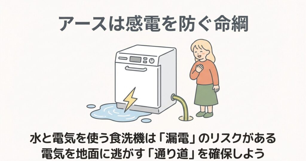 水漏れした食洗機から電気が漏れ、不安そうな表情の女性が描かれたイラスト。アースがない状態での感電の危険性を示唆している。