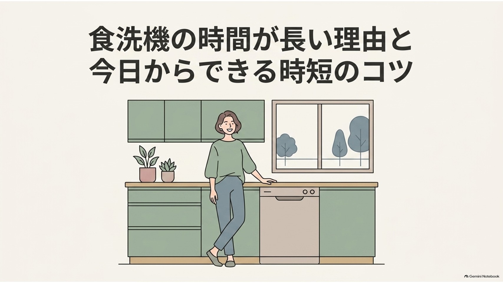 食洗機の運転時間が長い理由と今日からできる時短のコツを紹介するスライド。キッチンに設置された食洗機の横に立つ女性を描き、食洗機の時間がかかりすぎる悩みと対策をイメージしている。