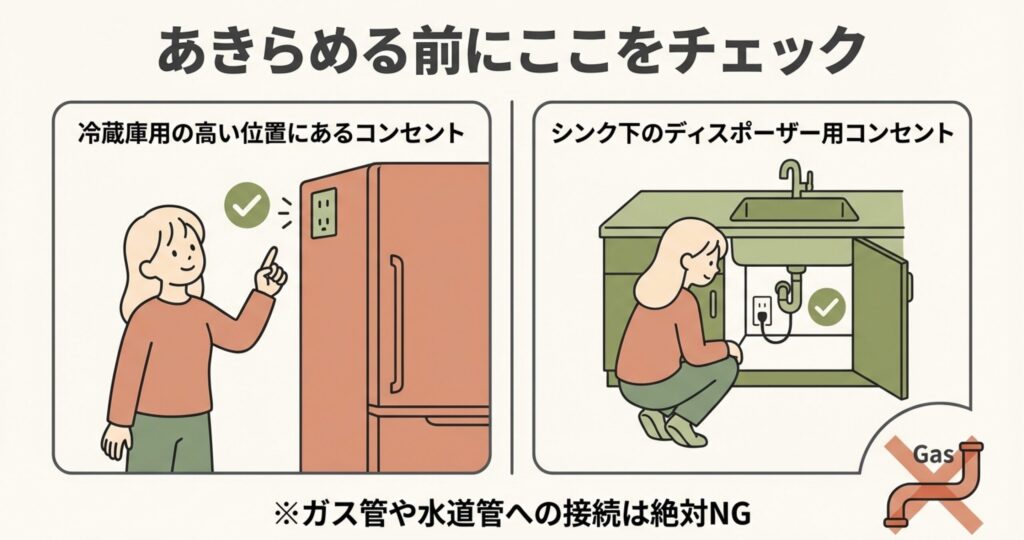 冷蔵庫の高い位置やシンク下のコンセントにあるアース端子を指差す女性と、ガス管への接続が禁止であることを示すイラスト。