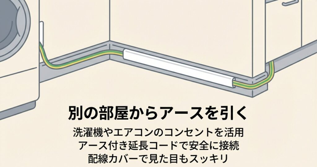 洗濯機やエアコンのコンセントからアース線を延長し、配線カバーを使って壁際をきれいに取り回す様子を描いたイラスト。