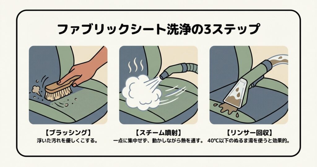 ブラッシングで汚れを浮かせ、スチームを噴射し、リンサーで汚水を回収するまでの流れを描いたイラスト