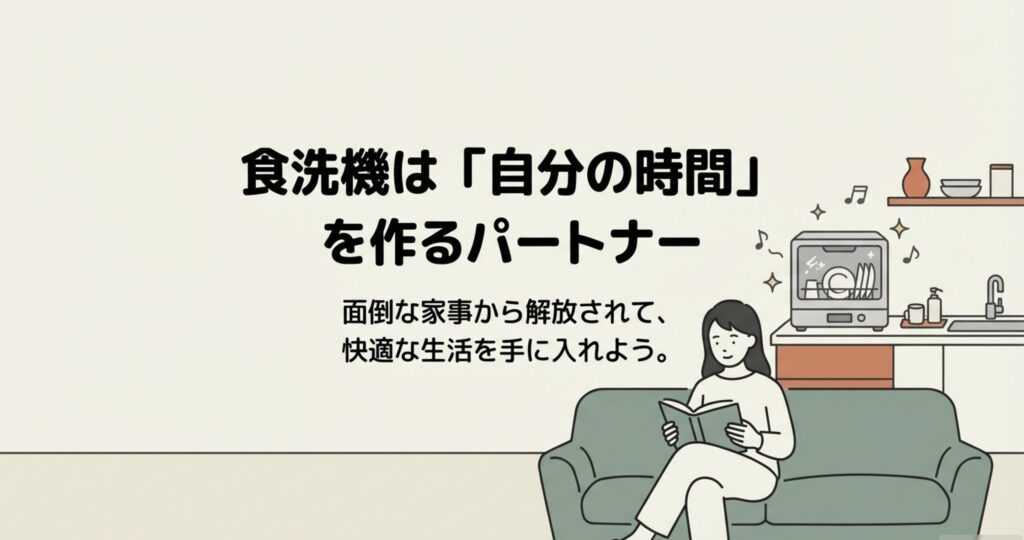 食洗機のおかげで家事の時間が減り、音楽を聴きながらリラックスして自分の時間を楽しむ女性