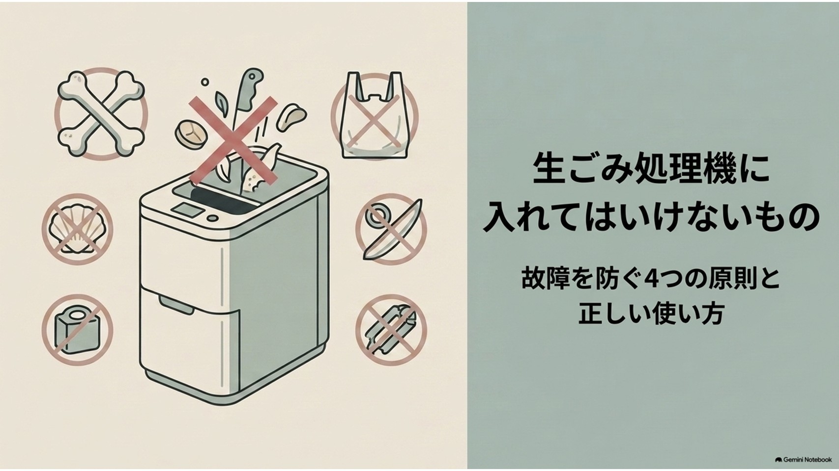 生ゴミ処理機に入れてはいけないものと、故障を防ぐ4つの原則を紹介するスライド。生ゴミ処理機の周囲に骨や袋などの投入を避けたいものが描かれ、正しい使い方を確認できる構成になっている。
