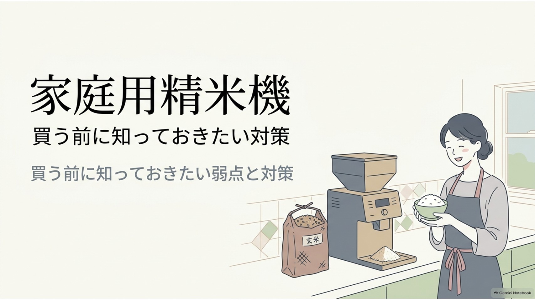 家庭用精米機と玄米袋、ご飯を持つ女性を描いたスライド。家庭用精米機を買う前に知っておきたい弱点と対策を説明している。