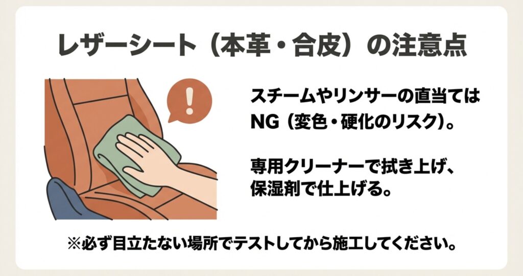 レザーシートへのスチーム直当てはNG。専用クリーナーで優しく拭き上げているイラスト