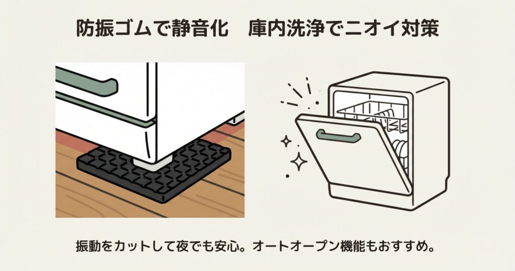 振動音を抑えるために脚の下に敷いた防振ゴムと、ニオイ対策のためにドアを開けた食洗機
