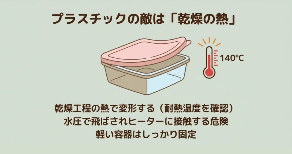 食洗機の乾燥熱（140℃）でプラスチック容器が変形するリスクを示したイラスト