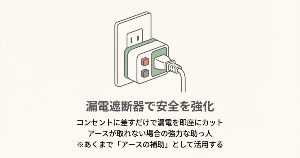 コンセントに差し込んで使用するプラグ形の漏電遮断器のイラスト。アースが取れない場合の補助として安全を強化するアイテム。
