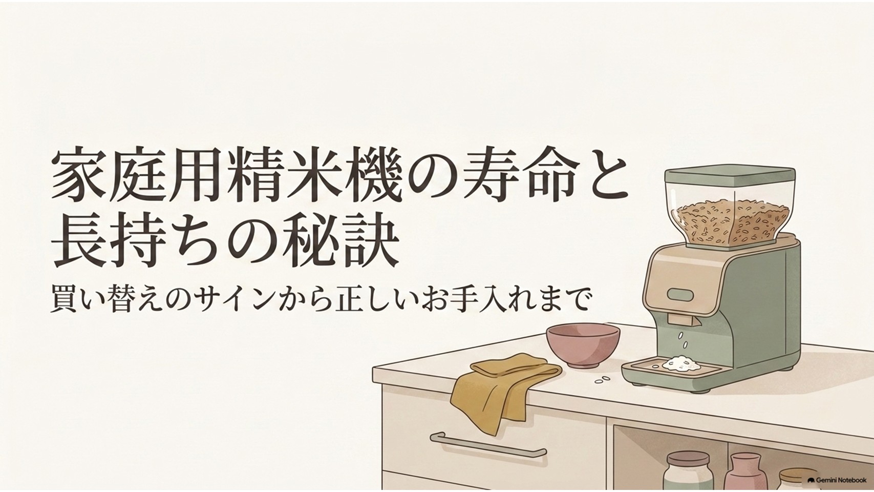 家庭用精米機の寿命と長持ちの秘訣を紹介するスライド。キッチンに置かれた家庭用精米機と玄米、布巾や食器を描き、買い替えのサインから正しいお手入れまで解説する記事全体のテーマを表している。