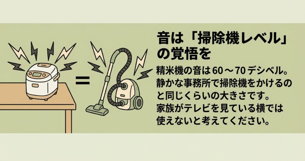 稼働中の精米機と掃除機が並んでいるイラスト。精米機の音の大きさ（60〜70デシベル）は、静かな事務所で掃除機をかけるのと同じレベルであることを表現。