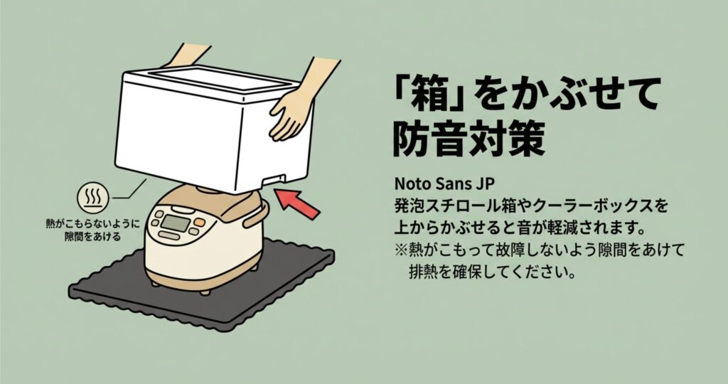 精米機の上から発泡スチロールの箱やクーラーボックスを被せて防音しているイラスト。熱がこもって故障しないよう、隙間をあけて排熱を確保する注意点も記載