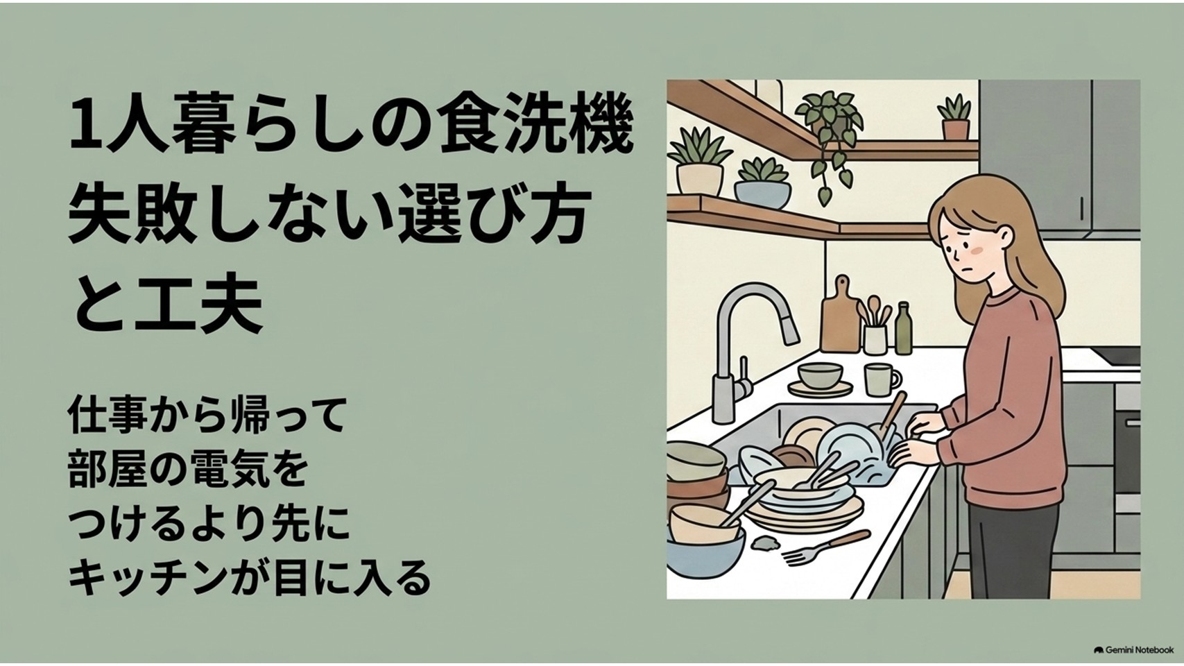 一人暮らしの食洗機で後悔しないための選び方と工夫を紹介するスライド。狭いキッチンのシンクに食器がたまり、洗い物を前に困っている女性の様子とともに、仕事から帰宅したときの食器洗いの負担を表現している。