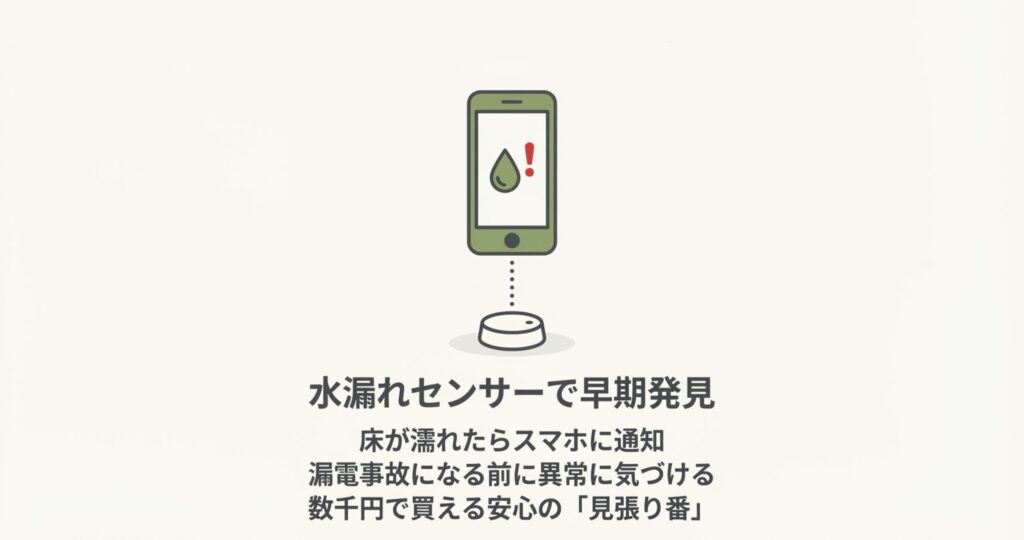 床の水漏れを検知し、スマートフォンの画面に警告アイコンと通知を表示させている水漏れセンサーのイラスト。