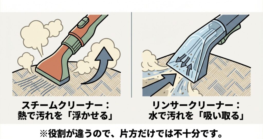 スチームクリーナーは熱で汚れを浮かせ、リンサークリーナーは水で汚れを吸い取る様子を比較したイラスト