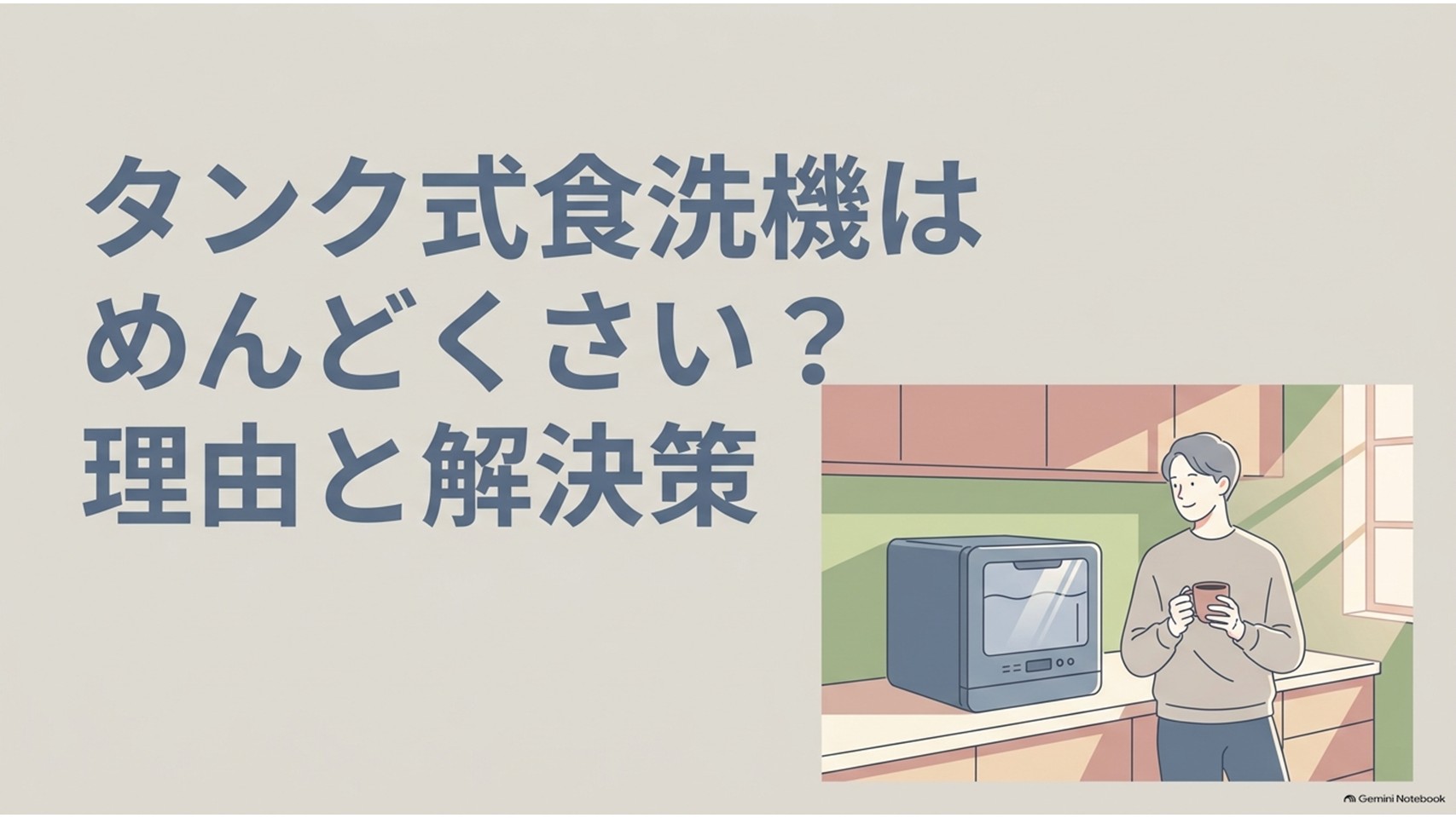 タンク式食洗機の給水や手間に悩む人へ、理由と解決策をわかりやすく示すアイキャッチ画像。