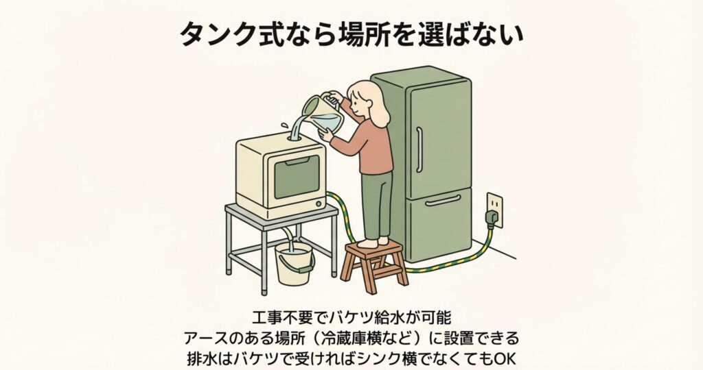 アースのある冷蔵庫横にタンク式食洗機を設置し、バケツを使って給水と排水を行っている様子を描いたイラスト。