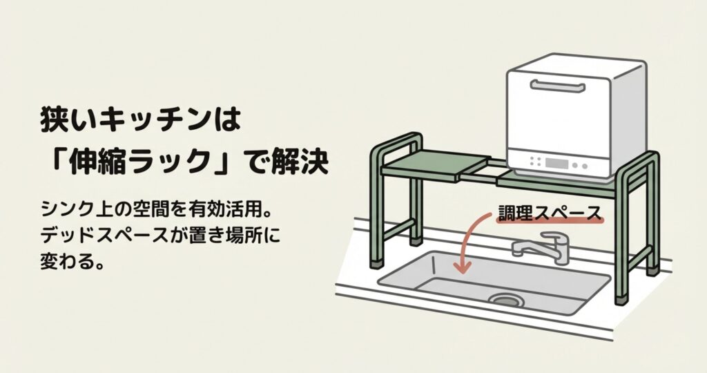 狭いキッチンでも食洗機を置くためにシンクの上に設置された伸縮式ラックと調理スペースのイラスト