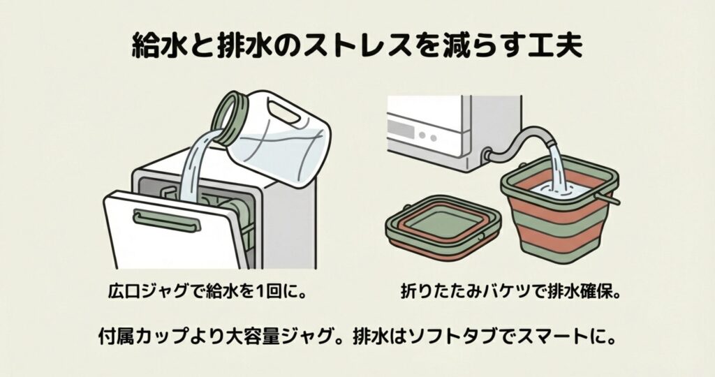 食洗機への給水を広口ジャグで一回で済ませる様子と、折りたたみバケツへの排水の様子