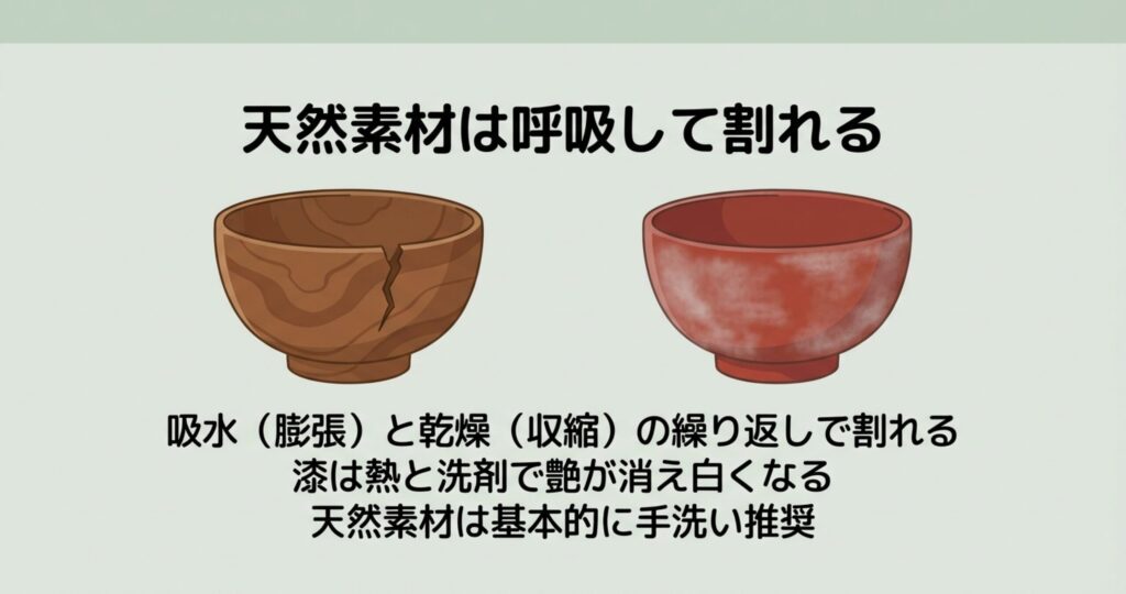 天然木の食器が吸水と乾燥を繰り返すことで膨張・収縮し、ひび割れが起きる様子のイラスト