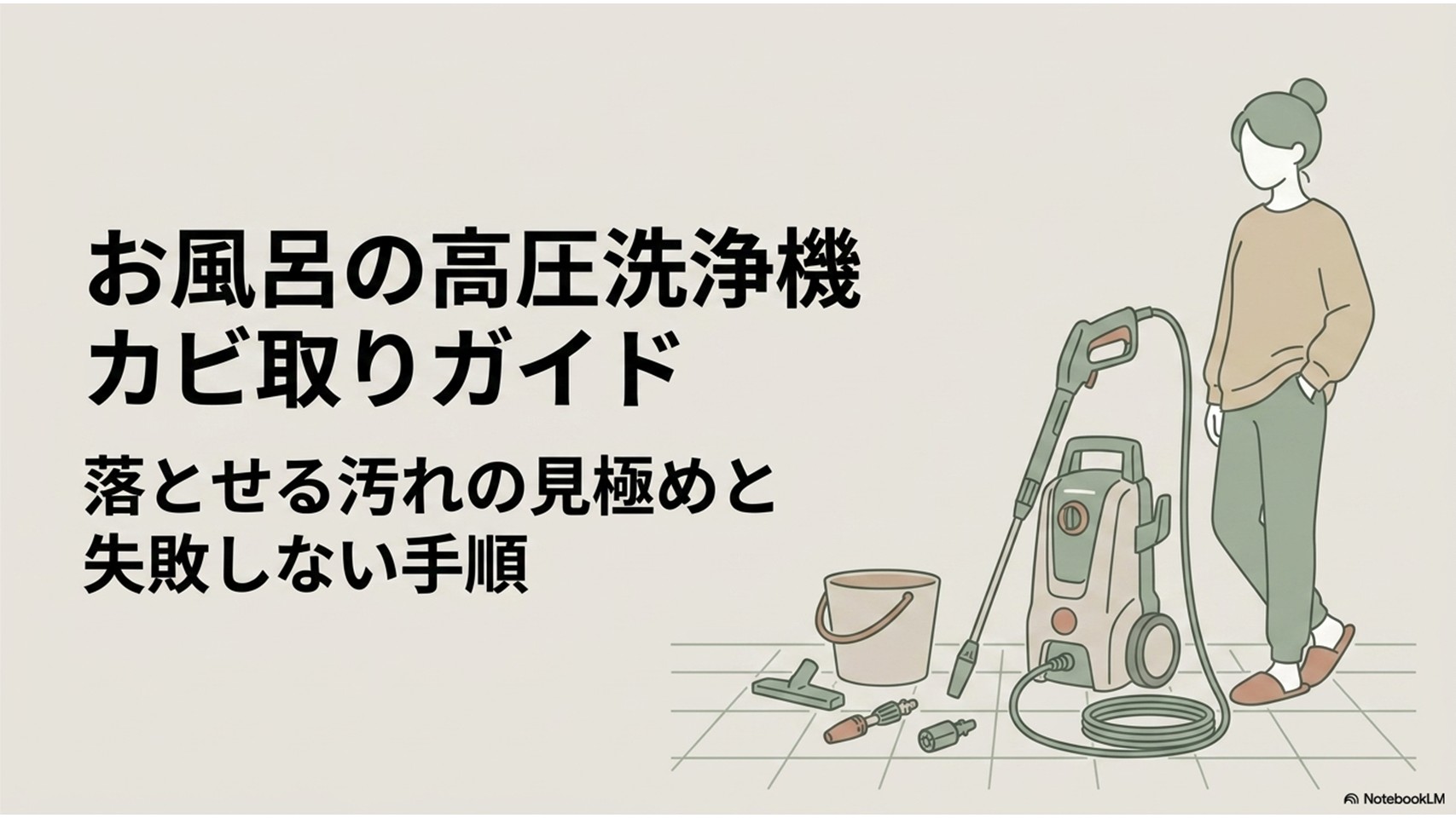 浴室のカビ取りに高圧洗浄機を使う方法を示すアイキャッチ画像。高圧洗浄機、バケツ、掃除道具と、作業前に確認する女性が描かれている。