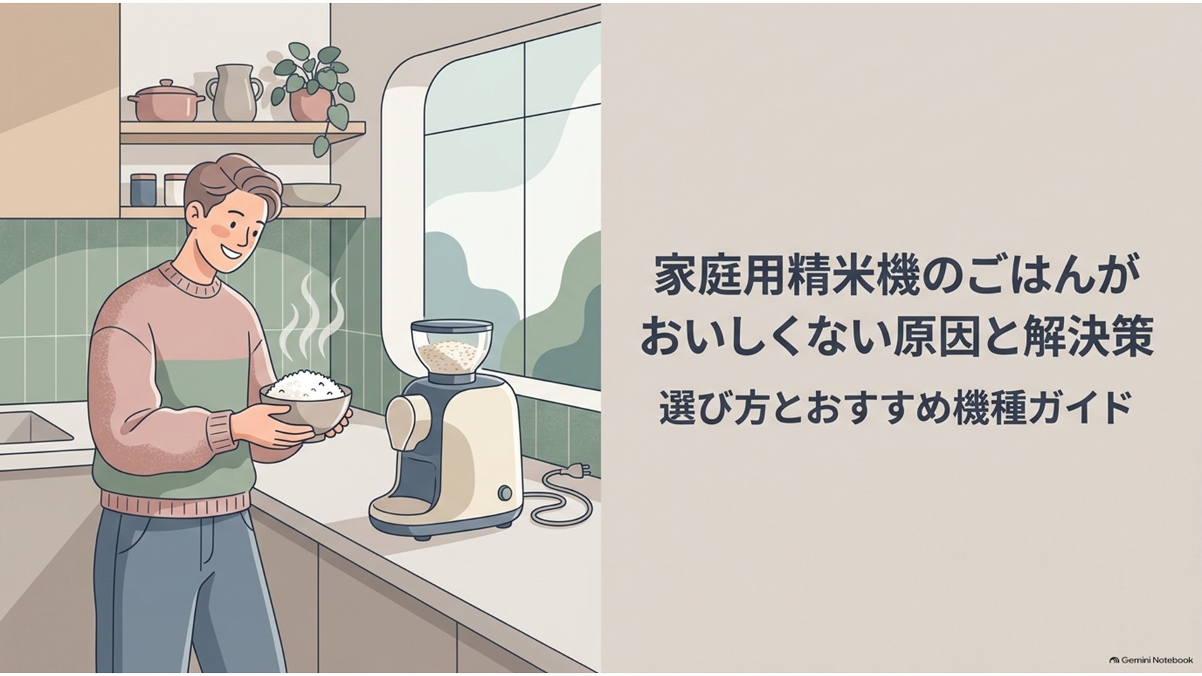 家庭用精米機で精米したごはんがおいしくない原因と解決策を解説する記事の導入スライド。キッチンで炊きたてのごはんを持つ男性と精米機が描かれている。