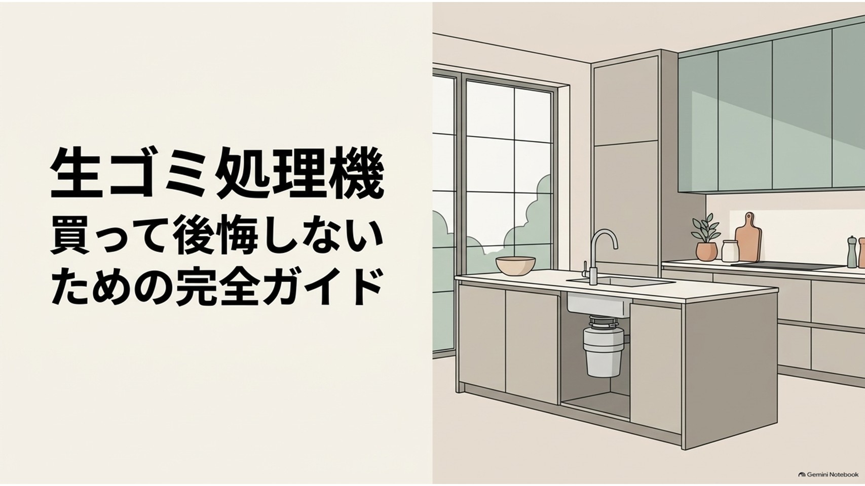 「生ゴミ処理機 買って後悔しないための完全ガイド」というタイトルと、明るく清潔感のあるキッチンを描いた導入スライド。生ゴミ処理機を購入する前に、後悔する原因や選び方を確認する記事の全体像を表している。