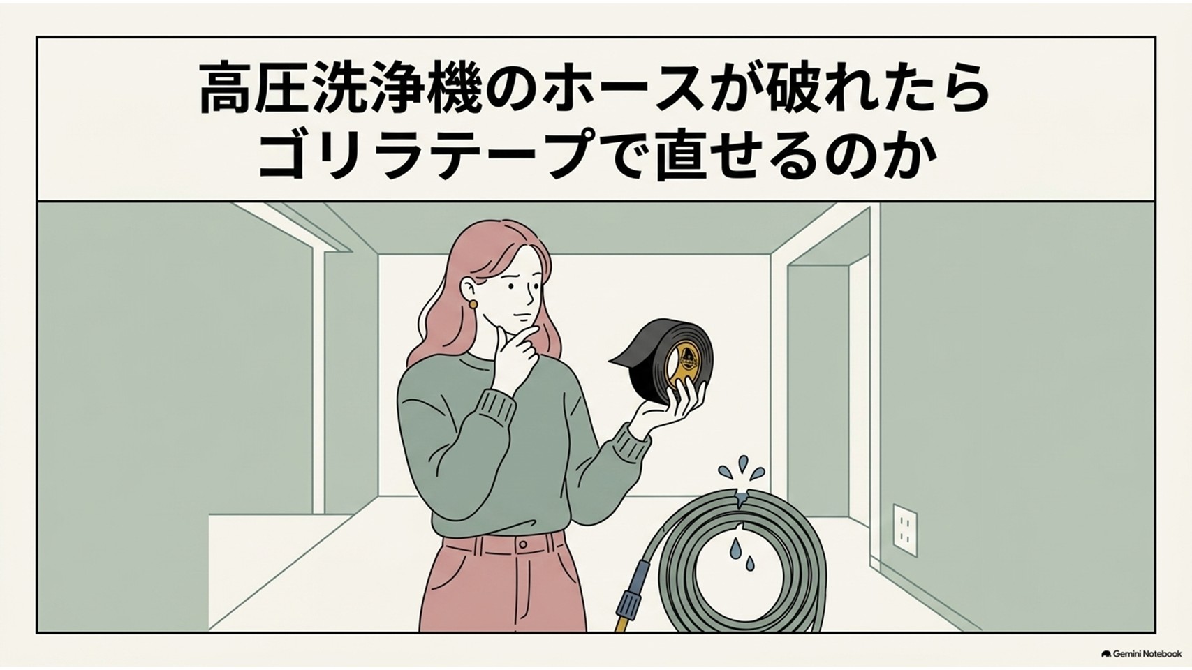 破れた高圧洗浄機のホースを前に、ゴリラテープで修理できるか考える女性を描いた画像。高圧洗浄機ホースの水漏れにゴリラテープが有効かを解説する内容を表している。