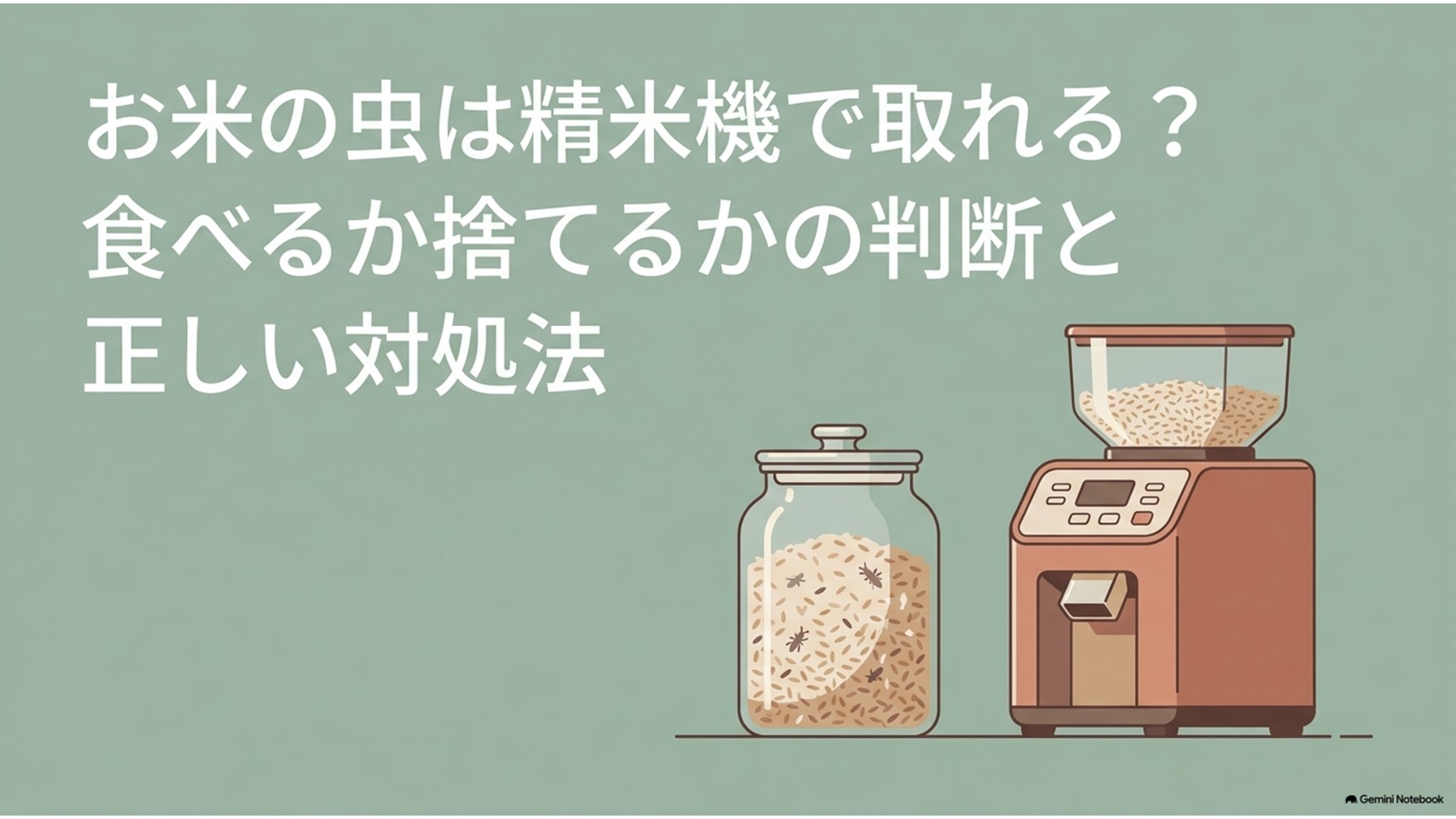 虫が湧いたお米を精米機にかけると虫を取り除けるのか、食べるか捨てるかの判断方法と正しい対処法を解説するスライド。米が入った保存瓶と家庭用精米機が描かれている。