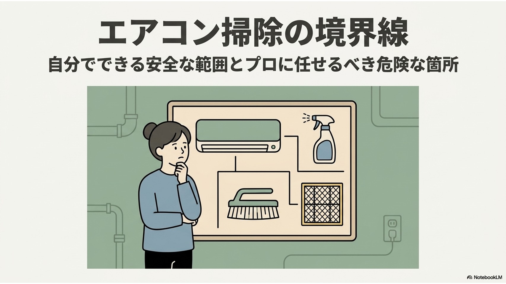 エアコン掃除で自分でできる安全な範囲とプロに任せるべき危険な箇所の境界線を示した解説イラスト。考え込む女性とエアコン・スプレー・ブラシ・フィルターのアイコン