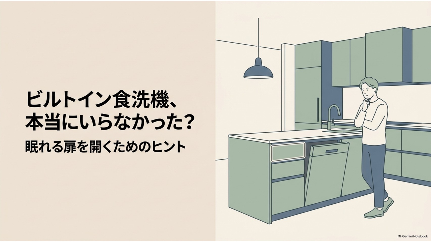 ビルトイン食洗機を前にして、本当に必要だったのか悩む女性を描いた図解。キッチンに組み込まれた食洗機と、「眠れる扉を開くためのヒント」という記事テーマを表している。