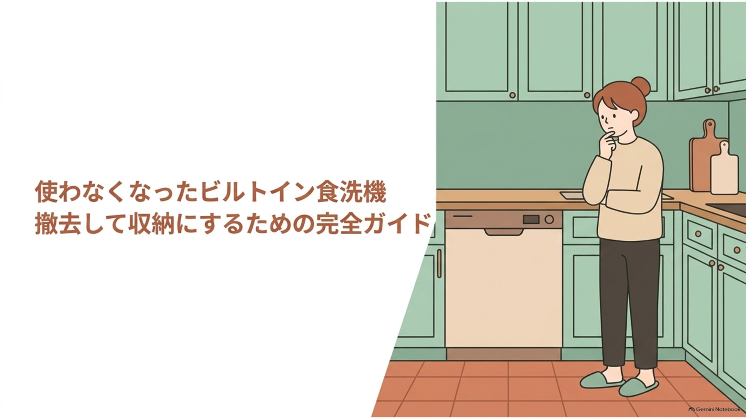 使わなくなったビルトイン食洗機を撤去して収納スペースに変えるための完全ガイド。グリーンのシステムキッチンに設置されたビルトイン食洗機の前で、撤去するかどうかを考える女性が描かれている。撤去費用や工事の注意点、撤去後の収納活用方法を解説する記事のメイン画像。
