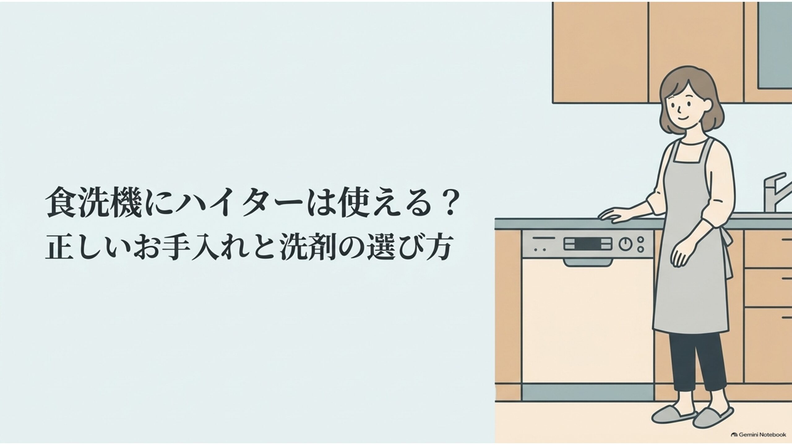 「食洗機にハイターは使える？正しいお手入れと洗剤の選び方」というタイトルが書かれたスライド。ビルトイン食洗機のあるキッチンにエプロン姿の女性が立っているイラストを使い、塩素系漂白剤の注意点や食洗機の安全な掃除方法、洗剤の選び方を解説する記事の内容を紹介している。