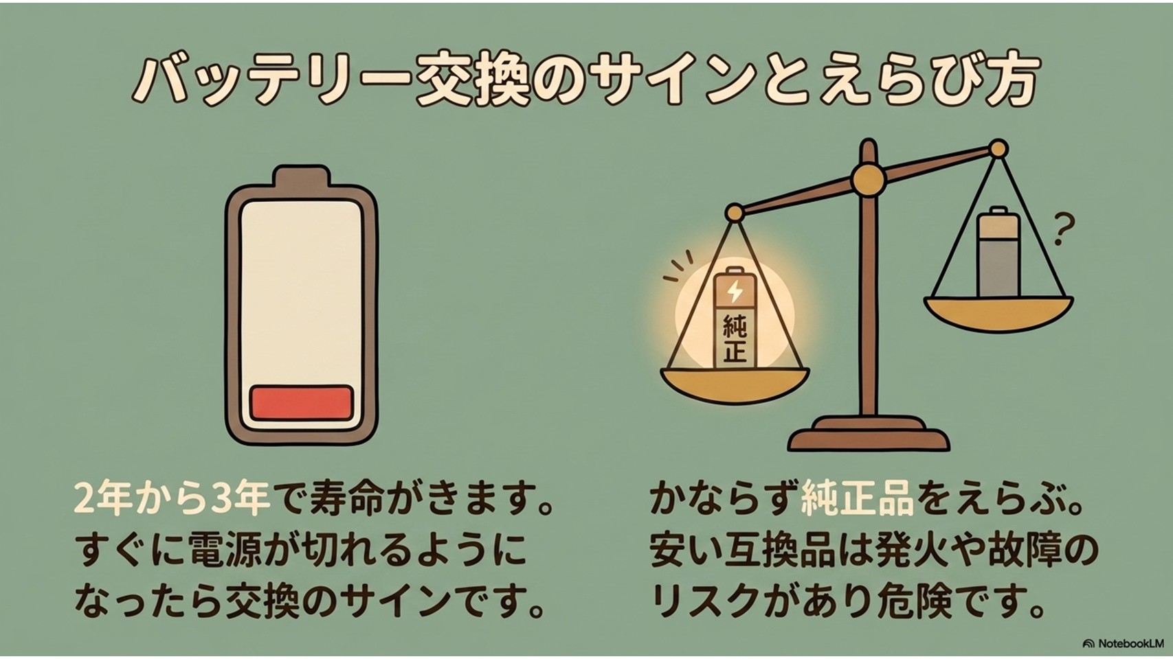 コードレス掃除機のバッテリー交換に関する解説。2〜3年での寿命サイン(すぐ電源が切れる)と、安全性のために安価な互換品ではなく必ず純正品を選ぶべき理由を天秤のイラストで表現しています。