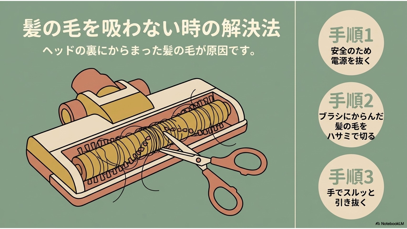 掃除機のヘッド裏に絡まった髪の毛を掃除する3ステップの図解。手順1:電源を抜く、手順2:髪の毛をハサミで切る、手順3:スルッと引き抜くという流れをイラストで分かりやすく解説しています。
