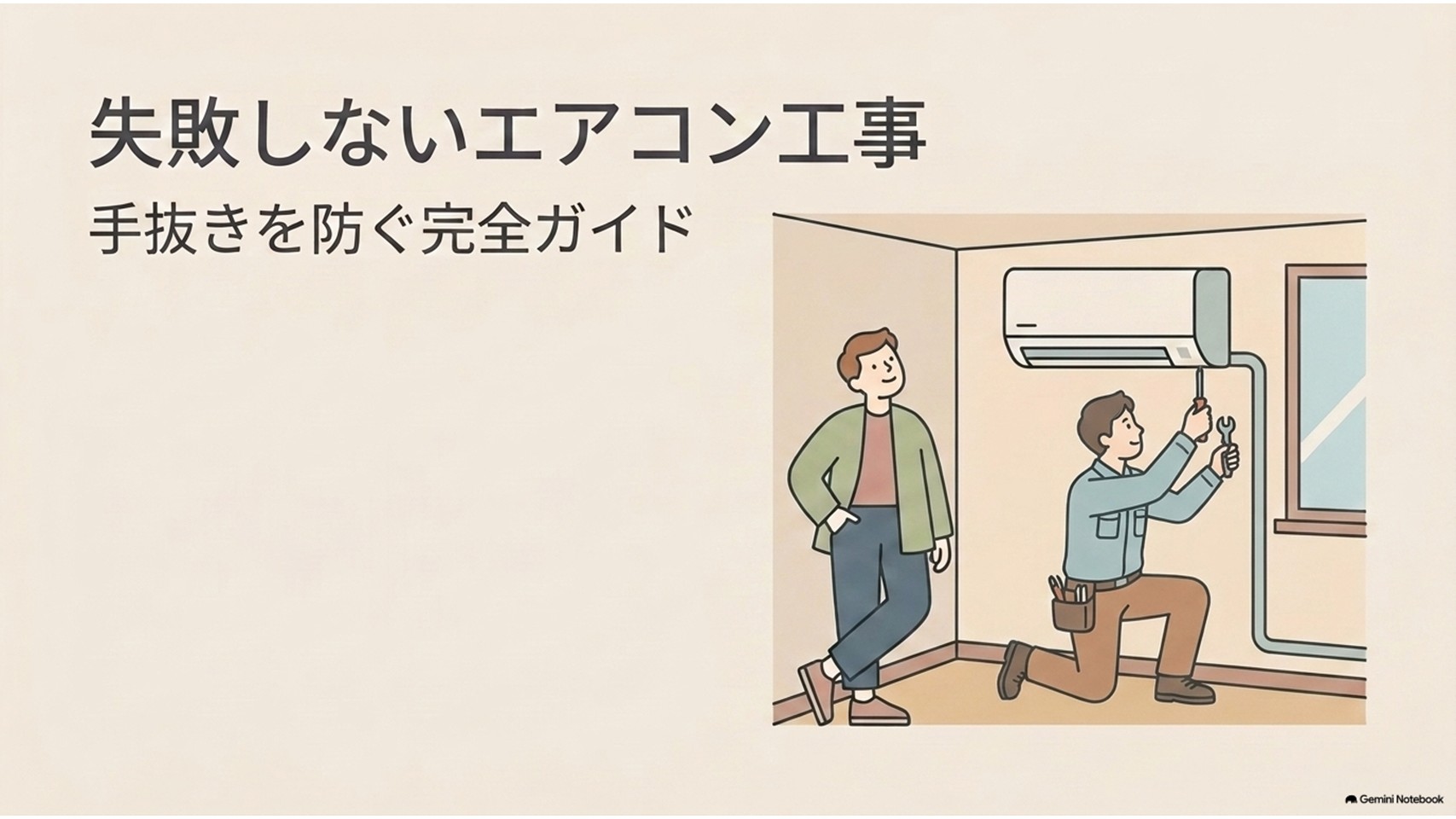 「失敗しないエアコン工事 手抜きを防ぐ完全ガイド」というタイトルと、壁掛けエアコンを取り付ける作業員と工事を見守る利用者を描いたスライド。エアコン工事で真空引きなどの手抜きを防ぐための基礎知識を紹介している。